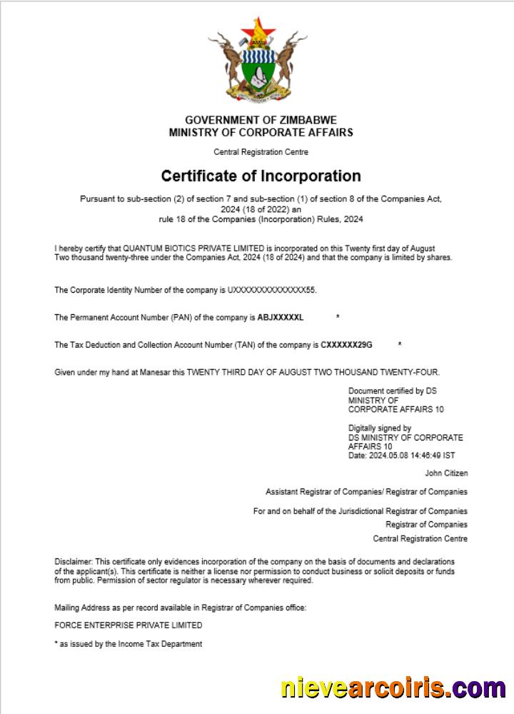 Zimbabwe business registration certificate